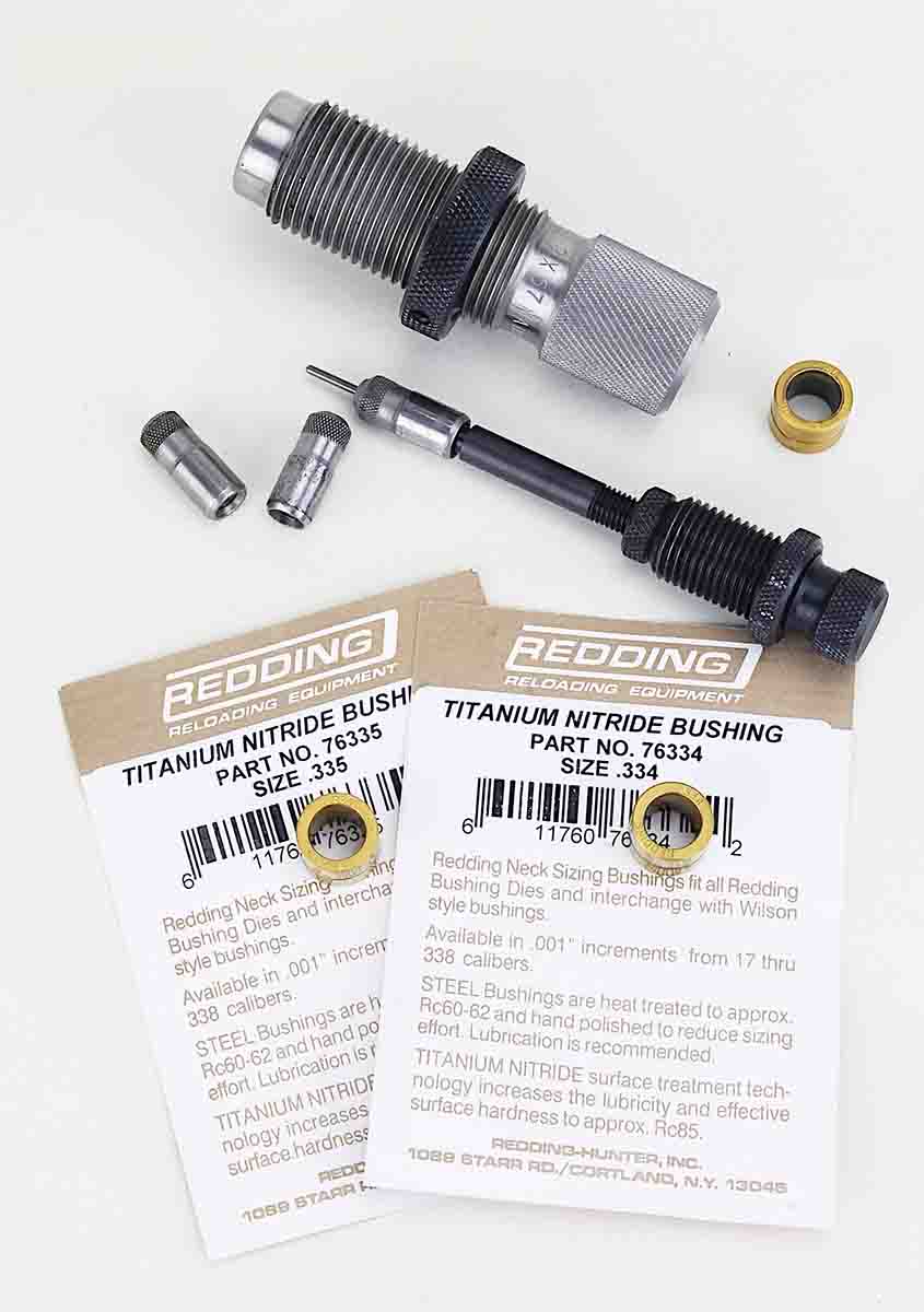 Redding’s Type S Bushing neck resizing die can resize necks in .001-inch increments, permitting necking .323-inch 8x57JS cases to accept .318-inch bullets for the 8x57J.